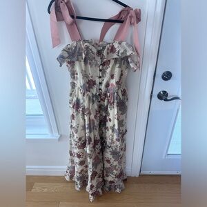 Whimsical Floral Ruffle Maxi Dress with Pink Accents